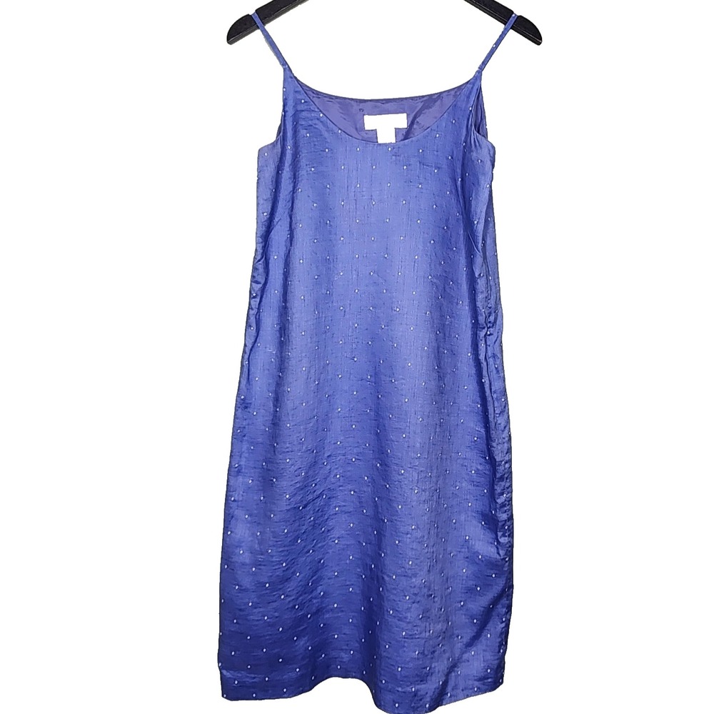 Brooks Brothers Linen Sleeveless Dress Blue White Embroidered Polka Dot Womens 6
